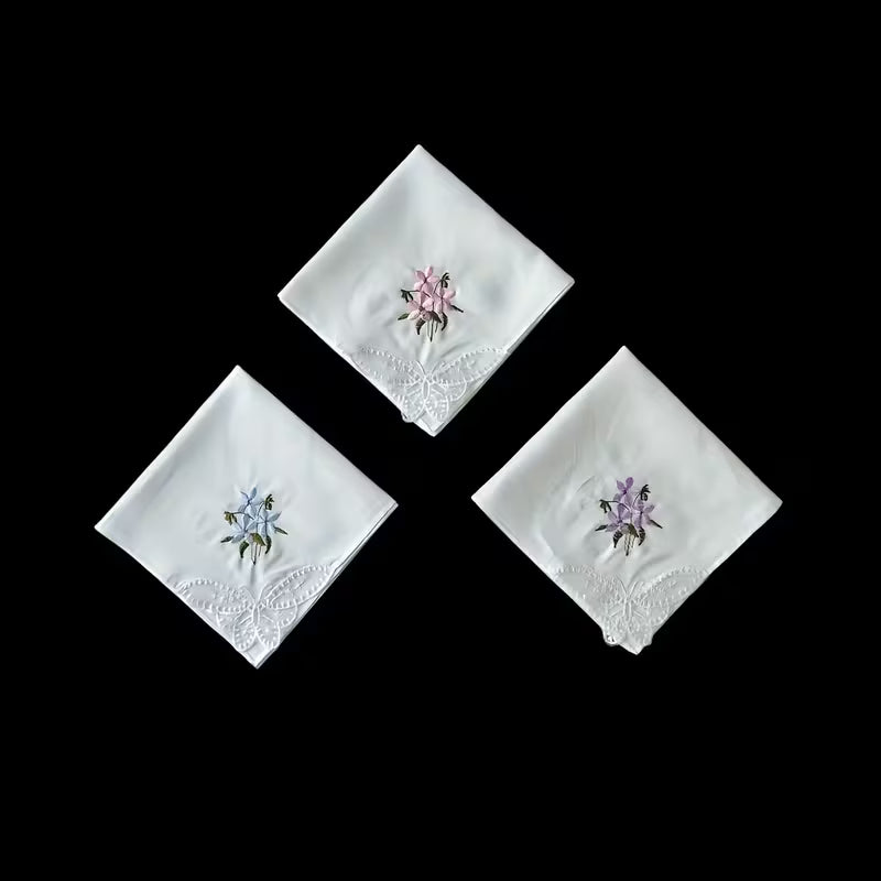 3-Pack 11-Inch Pure White Embroidered Cotton Handkerchiefs