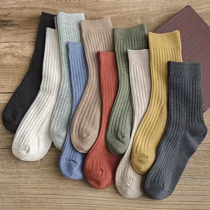 10 Pairs of Women's Mid-Calf Socks, Solid Color Fashion Accessories for Spring